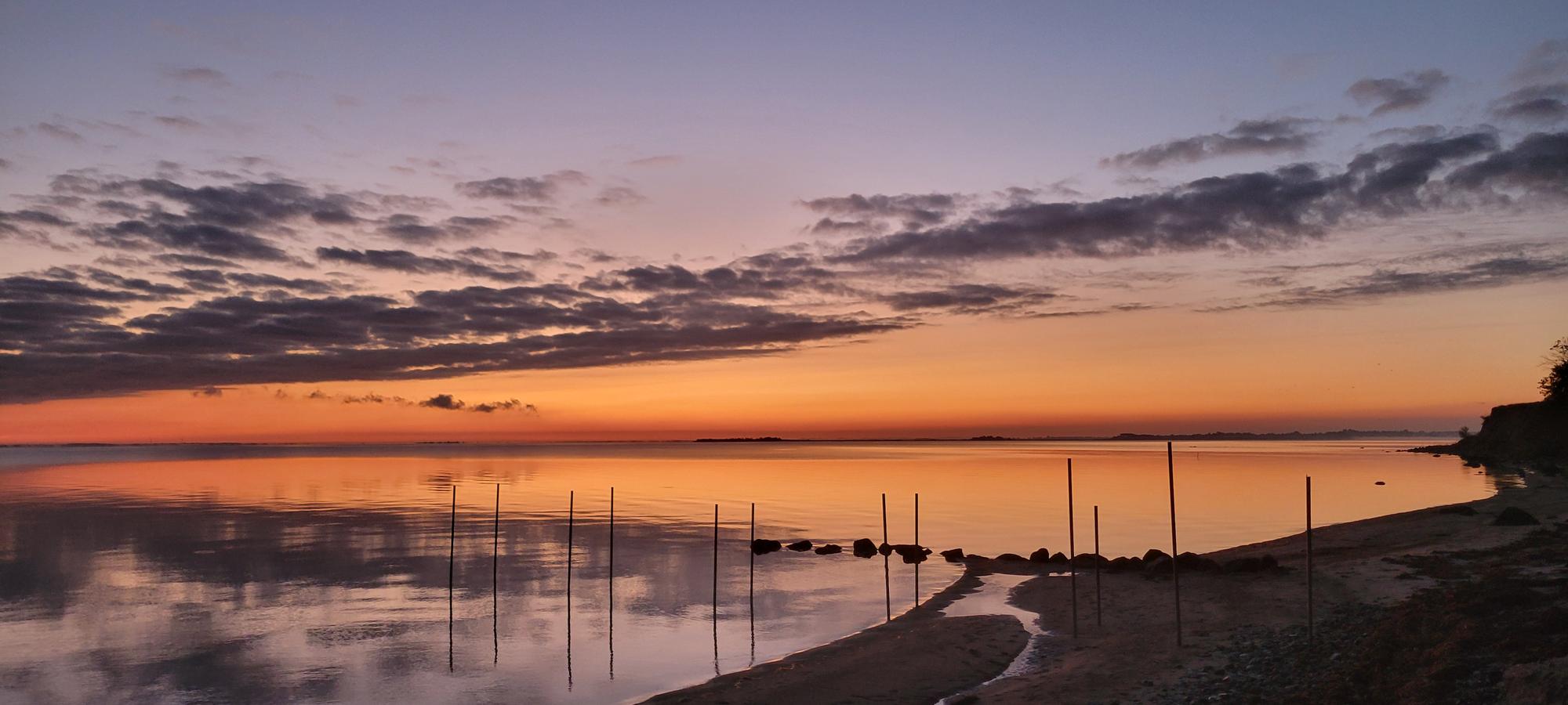 Sunrise over calm water on Ærø, a line of poles running out from the shore