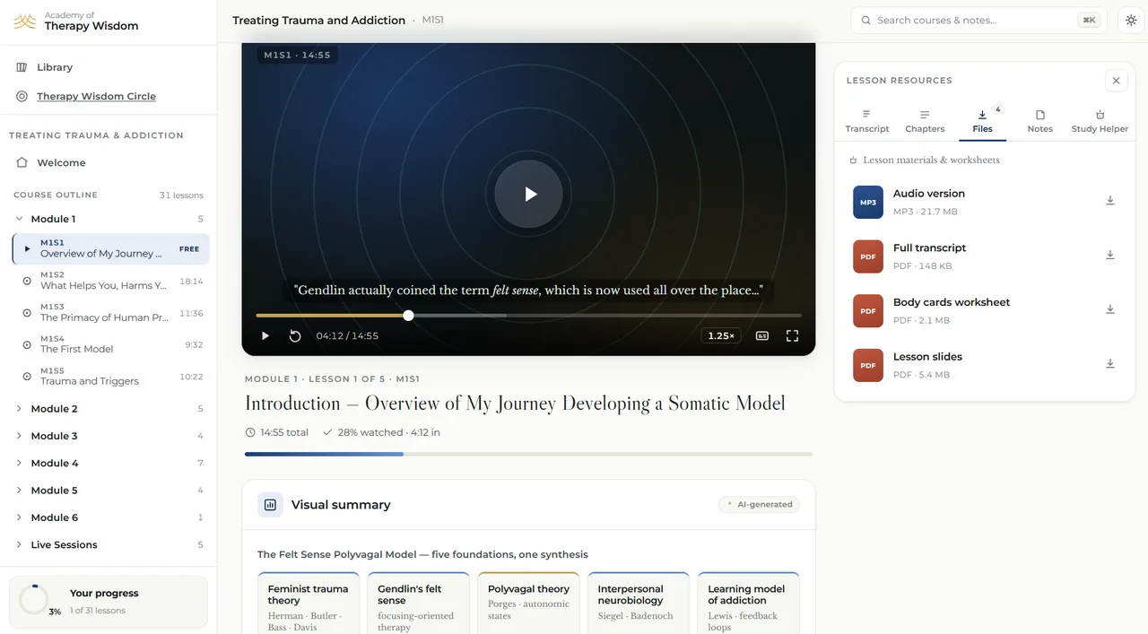 Courses app — the lesson view with transcript and scaffolding